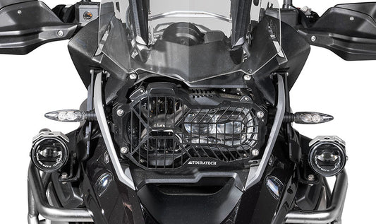 Set of LED auxiliary headlights, fog right/full beam headlight left, black aluminium for BMW R1200GS from 2013