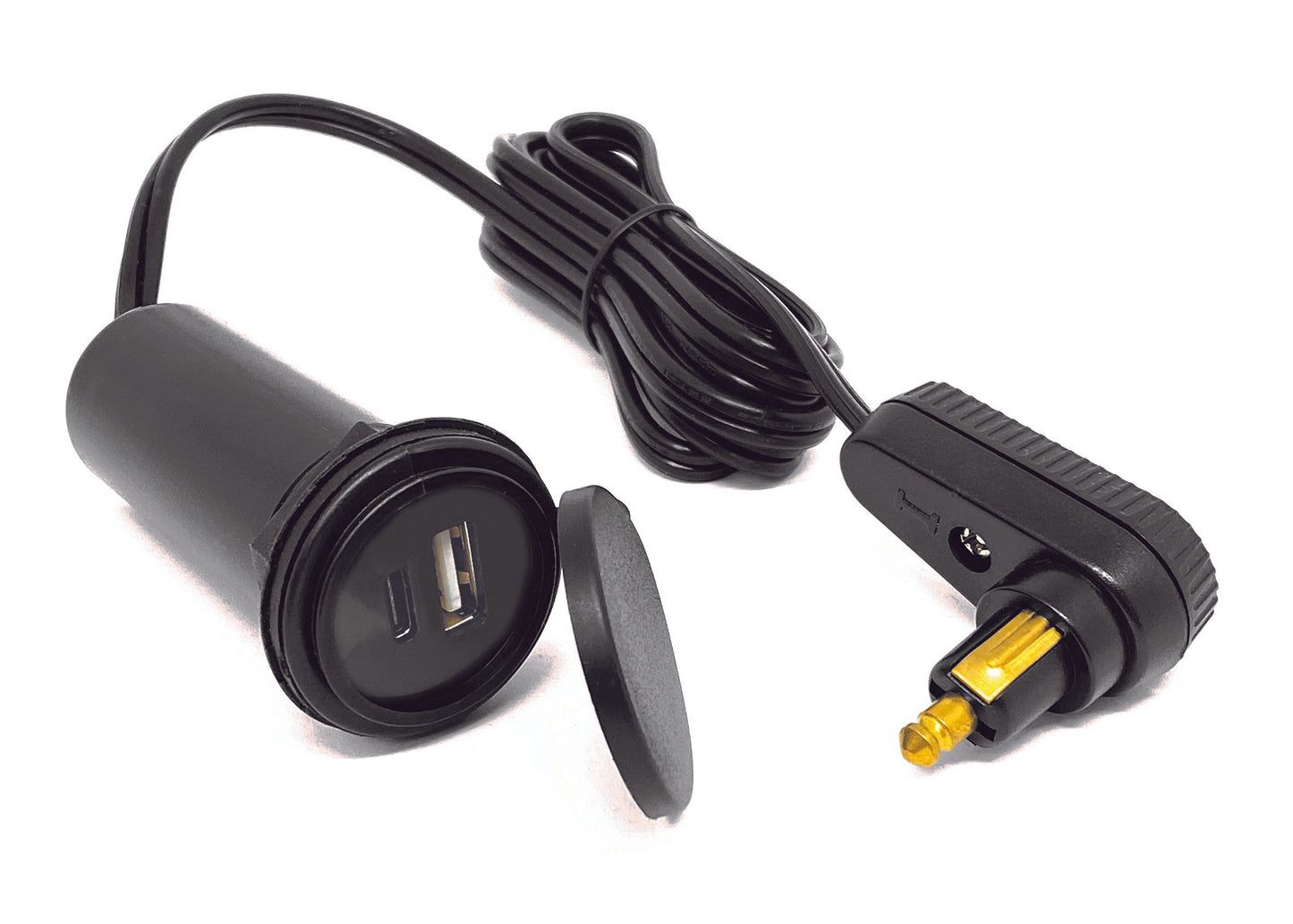 USB tank bag cable with twin charger (USB-A and USB-C) and right angle DIN connector